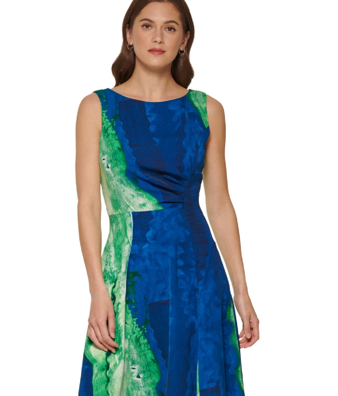 Vestido midi estampado com franzidos laterais DKNY feminino, verde, tamanho 16