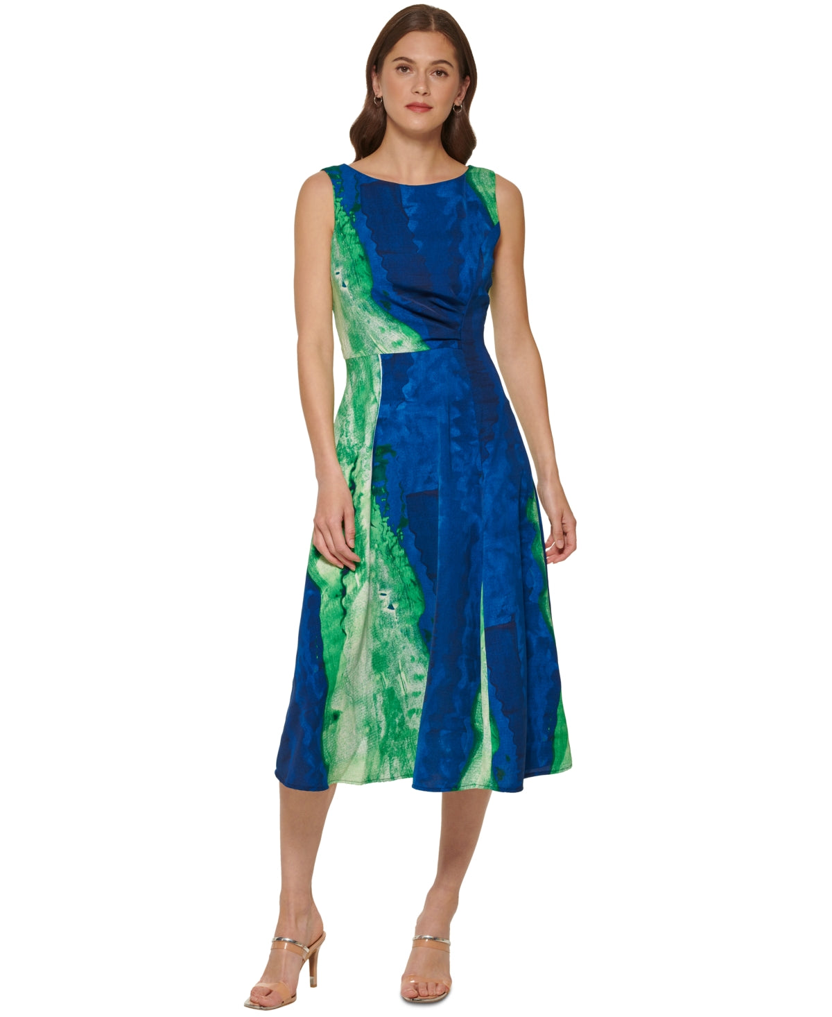 Vestido midi estampado com franzidos laterais DKNY feminino, verde, tamanho 16