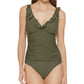 Maiô feminino DKNY com babados e aro para controle de barriga, verde