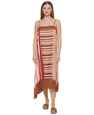 Vestido assimétrico listrado misto feminino DKNY marrom tamanho pequeno