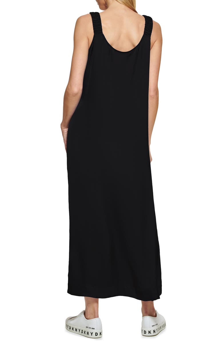 Vestido longo feminino DKNY com alças franzidas, preto, tamanho extragrande