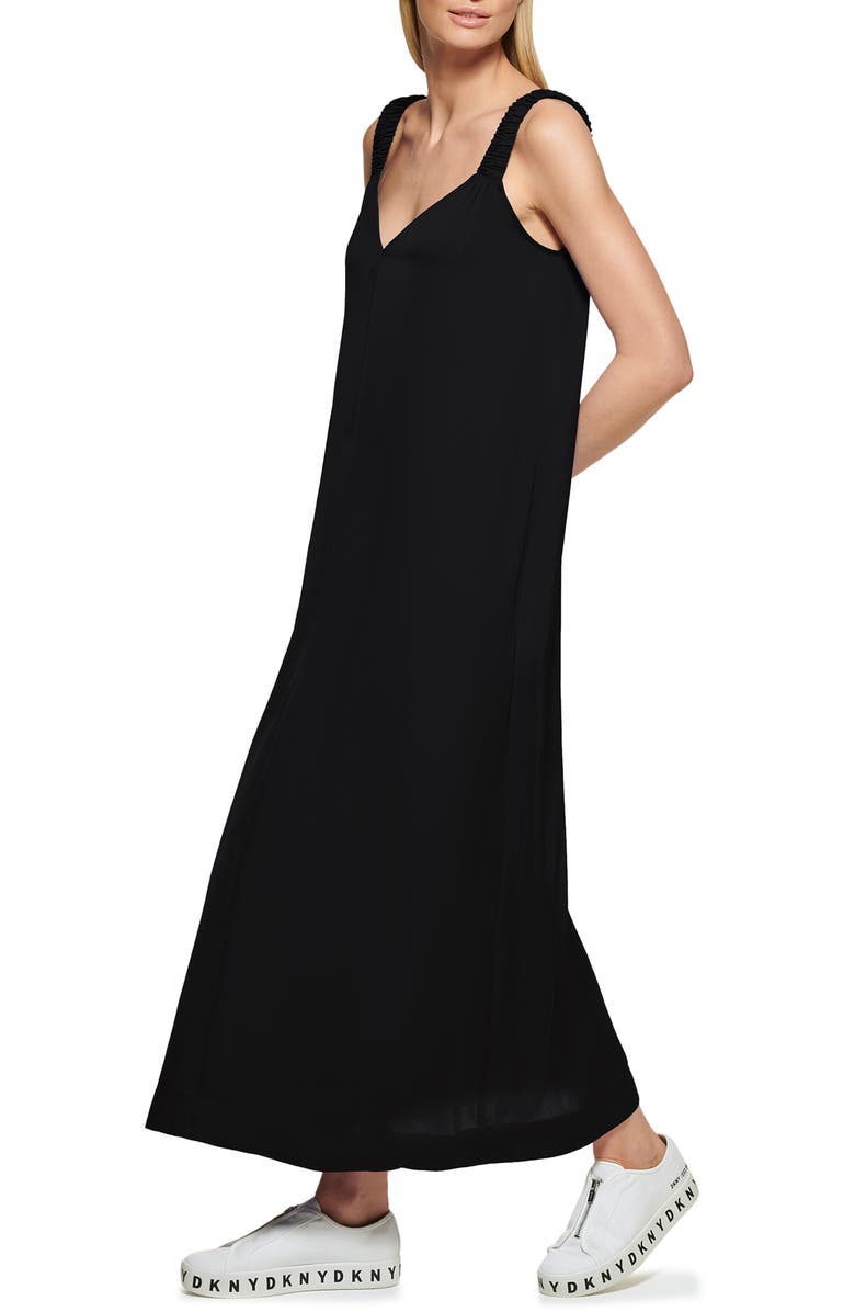 Vestido longo feminino DKNY com alças franzidas, preto, tamanho extragrande