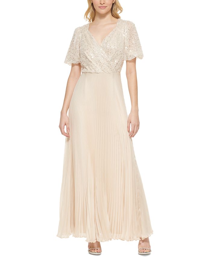 Vestido plissado com decote em V feminino DKNY marrom tamanho 6