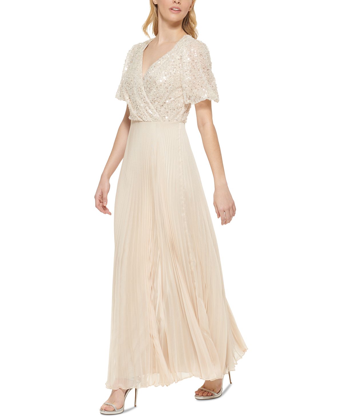 Vestido plissado com decote em V feminino DKNY marrom tamanho 6