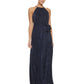 Vestido feminino DKNY com decote halter plissado e acabamento embelezado, azul, tamanho 16