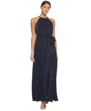 Vestido feminino DKNY com decote halter plissado e acabamento embelezado, azul, tamanho 16