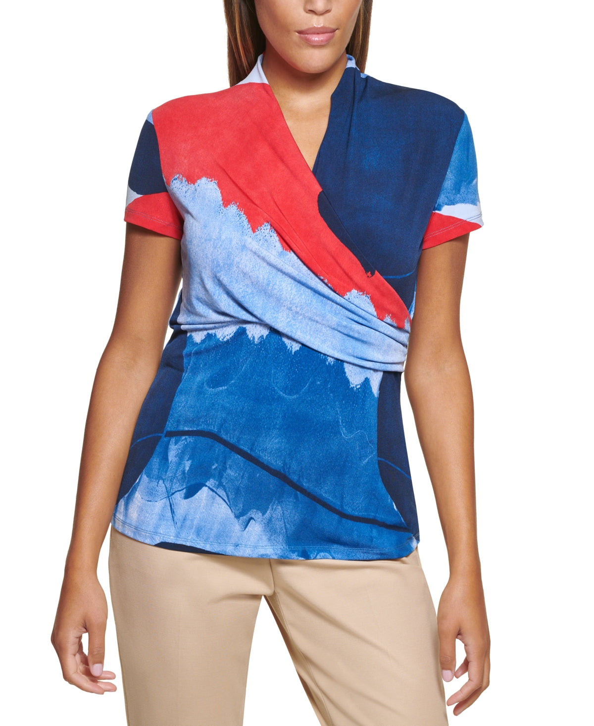 Blusa feminina DKNY com estampa frontal envolvente, azul, tamanho grande