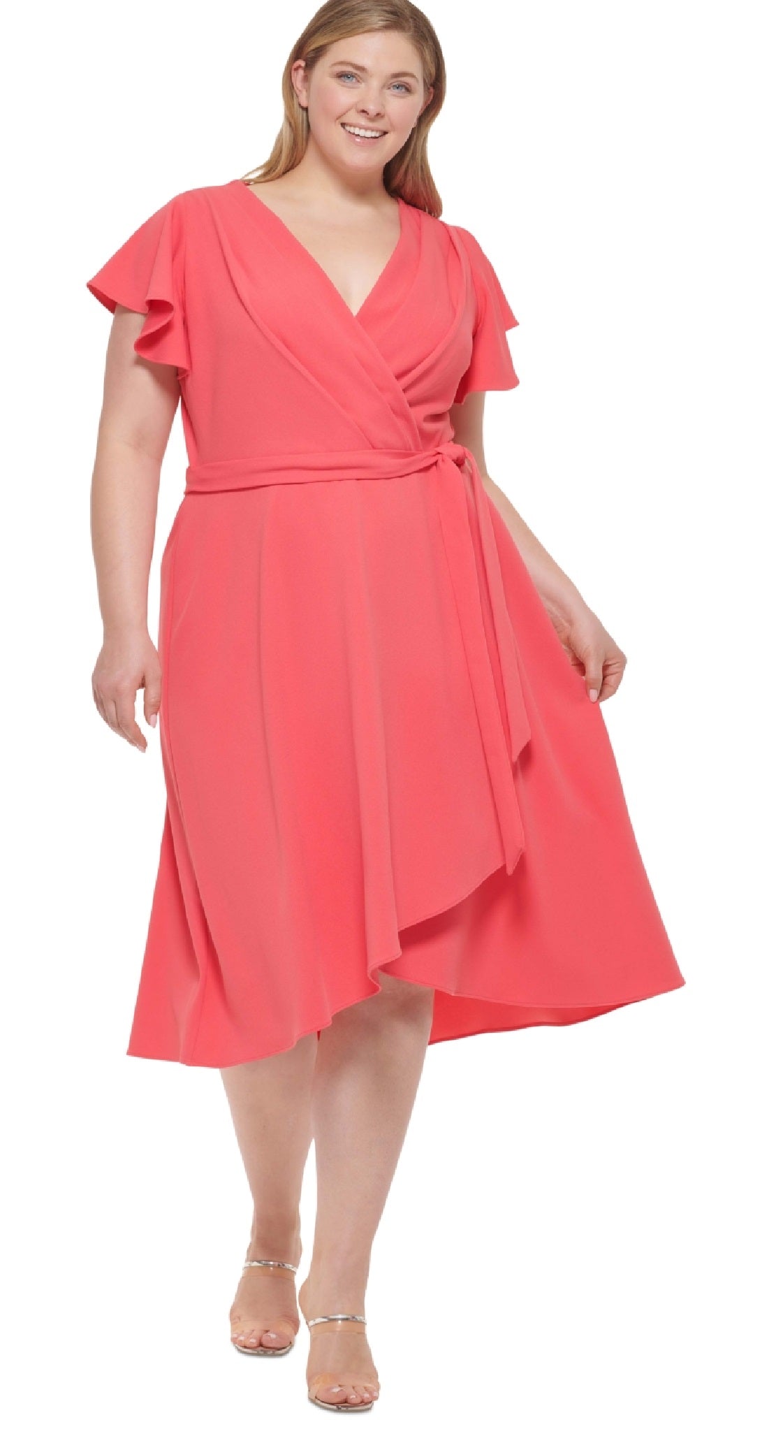 Vestido envelope falso feminino DKNY com mangas franzidas, vermelho, tamanho 16W