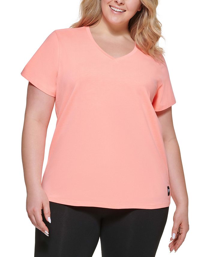 Camiseta feminina DKNY com decote em V, rosa, tamanho 3X