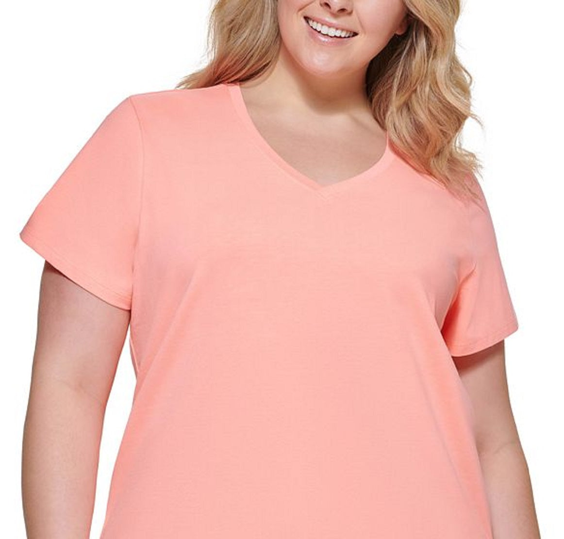 Camiseta feminina DKNY com decote em V, rosa, tamanho 3X