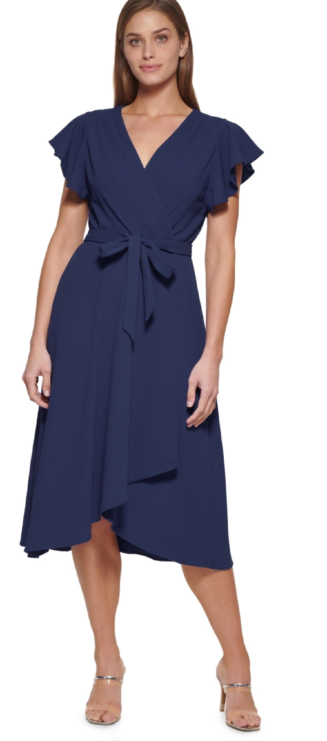 Vestido envelope falso com mangas esvoaçantes DKNY feminino, azul, tamanho 10