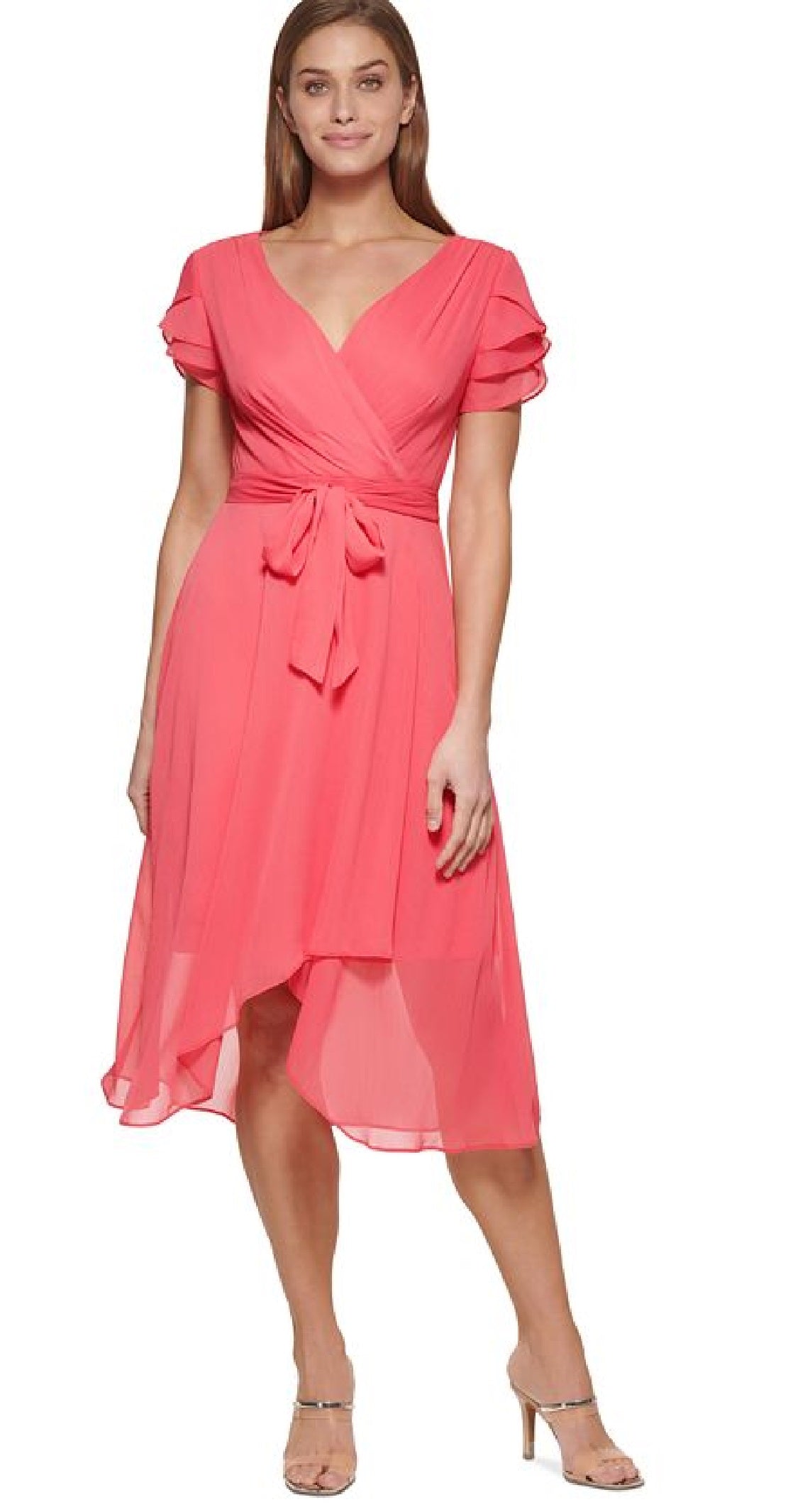 Vestido envelope falso feminino DKNY com mangas em camadas, vermelho, tamanho 16