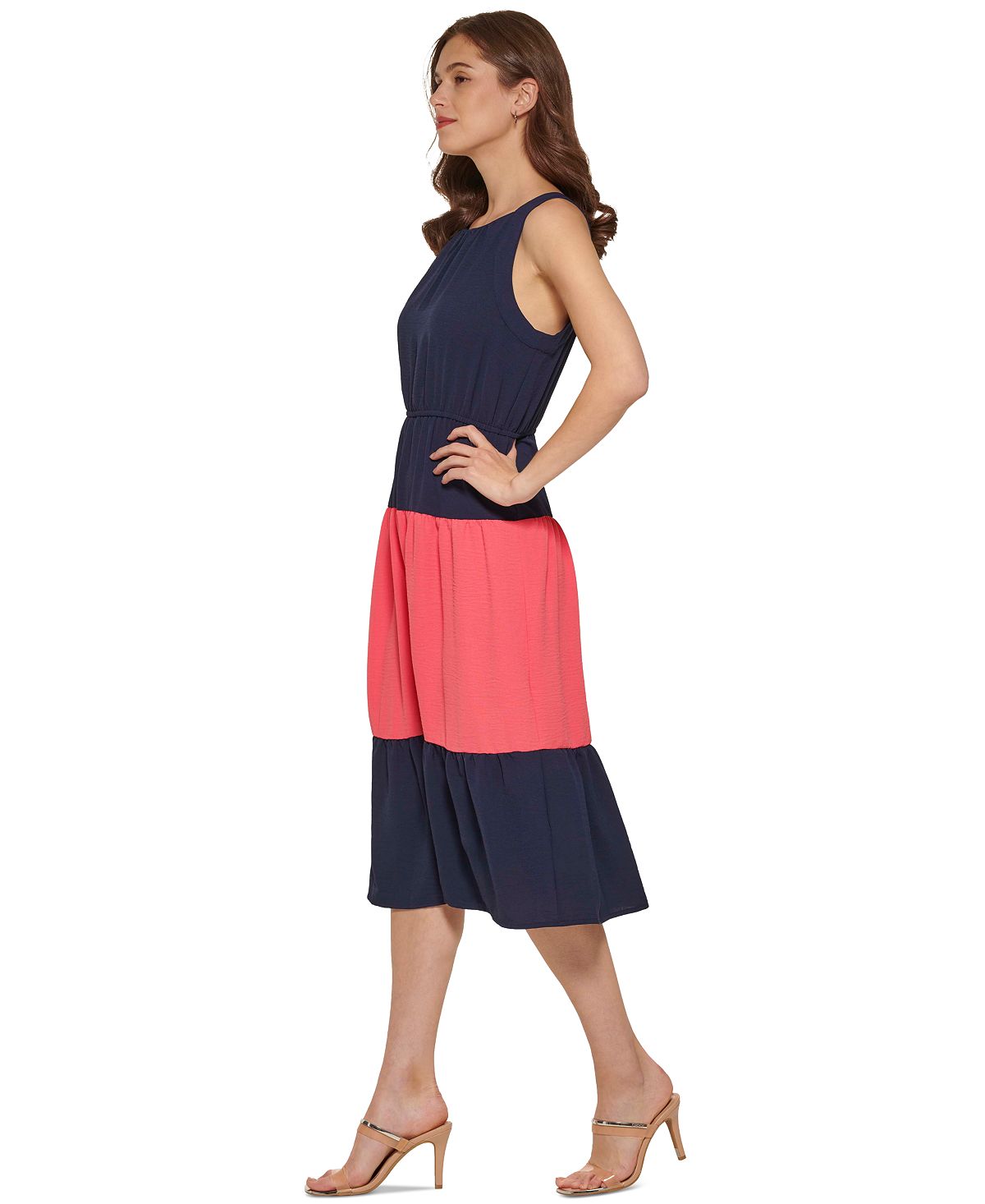 Vestido midi DKNY feminino com blocos de cores, azul, tamanho 14