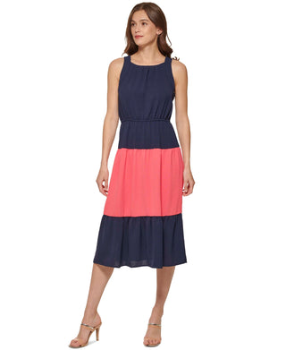 Vestido midi DKNY feminino com blocos de cores, azul, tamanho 14