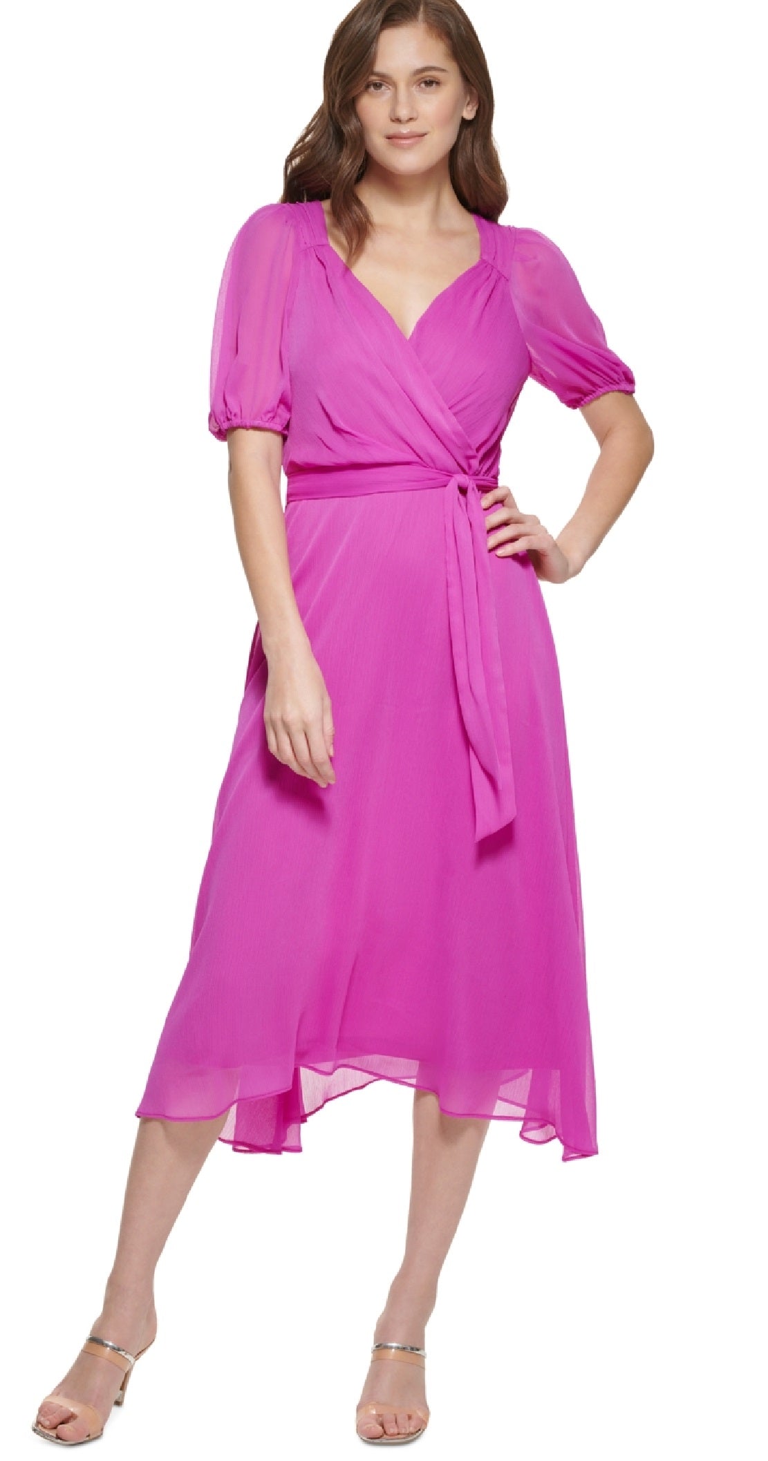 Vestido midi franzido feminino DKNY, rosa, tamanho 4