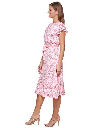 Vestido midi com cinto e estampa abstrata DKNY feminino, rosa, tamanho 8