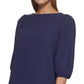 Vestido feminino DKNY com bainha franzida e manga cotovelo, azul, tamanho 16
