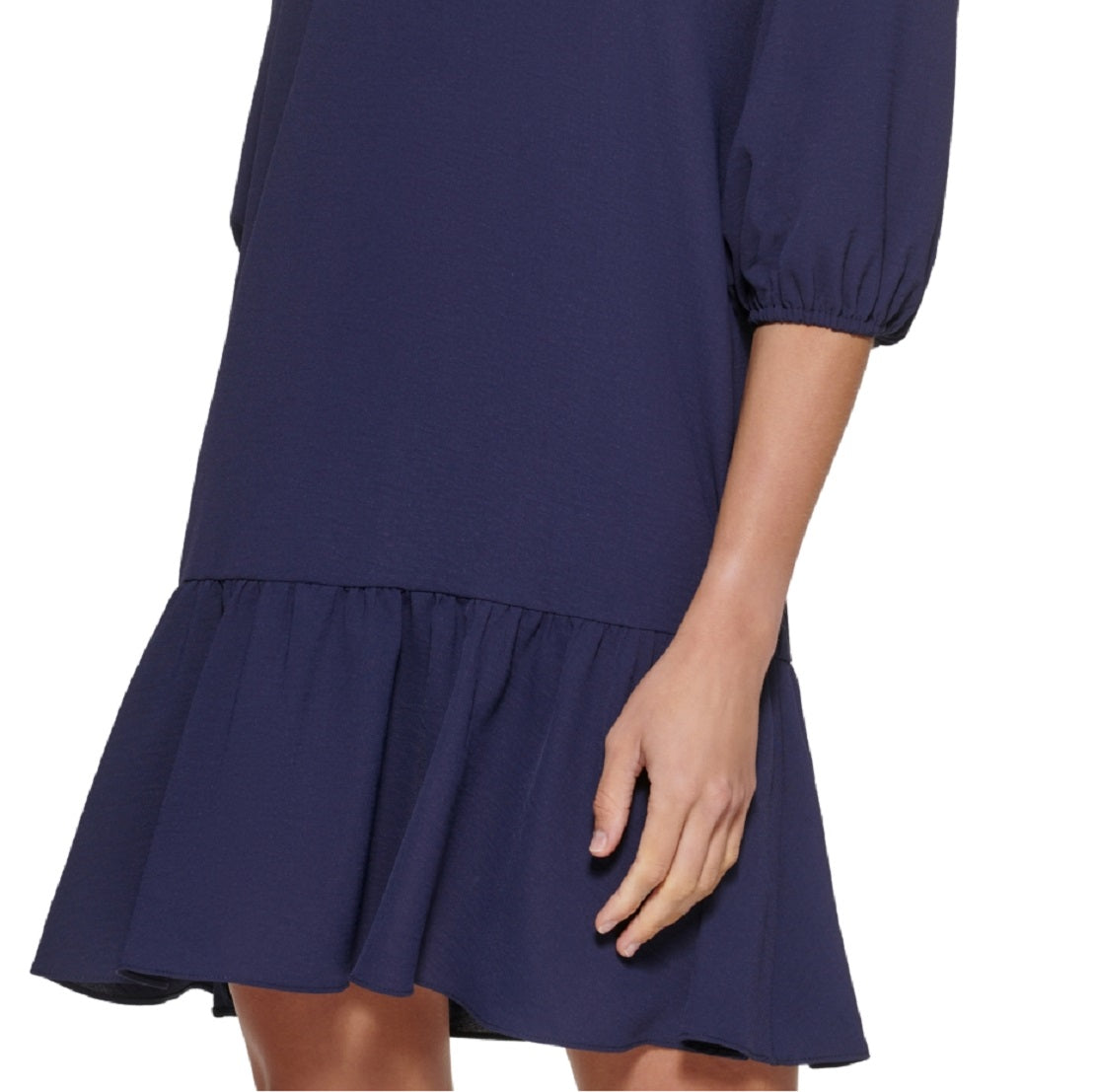 Vestido feminino DKNY com bainha franzida e manga cotovelo, azul, tamanho 16