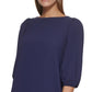 Vestido feminino DKNY com bainha franzida e manga cotovelo, azul, tamanho 6