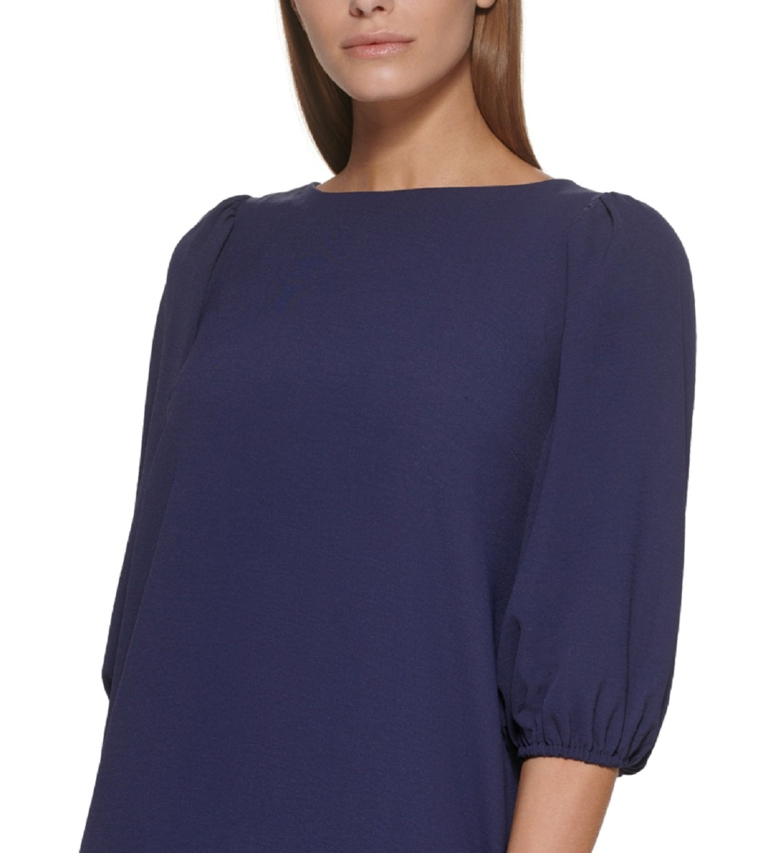 Vestido feminino DKNY com bainha franzida e manga cotovelo, azul, tamanho 6