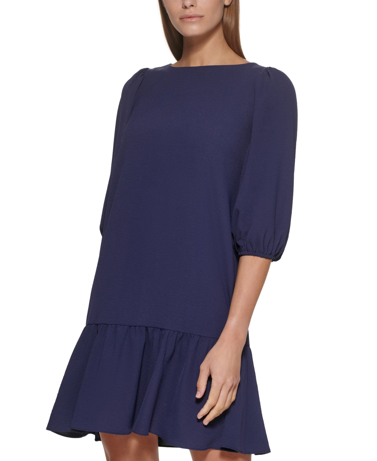 Vestido feminino DKNY com bainha franzida e manga cotovelo, azul, tamanho 6