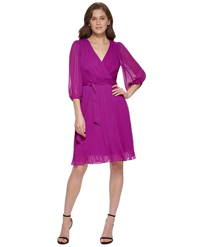 Vestido plissado frontal com amarração sólida DKNY feminino, rosa, tamanho 12