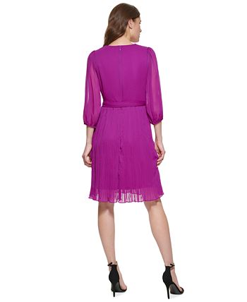 Vestido plissado frontal com amarração sólida DKNY feminino, rosa, tamanho 12