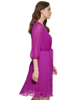 Vestido plissado frontal com amarração sólida DKNY feminino, rosa, tamanho 12