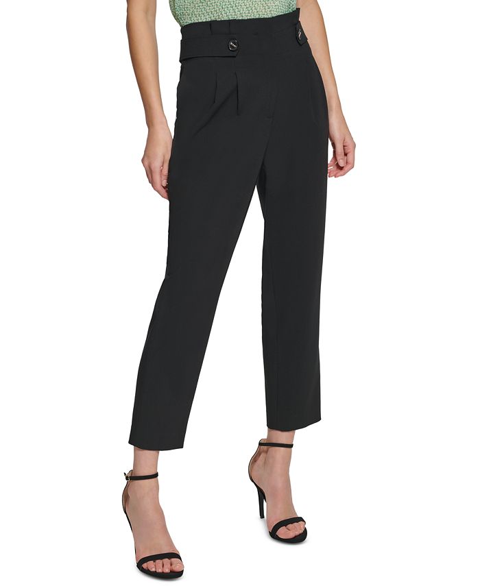Calça DKNY feminina com dois botões e aba no tornozelo, preta, tamanho 12