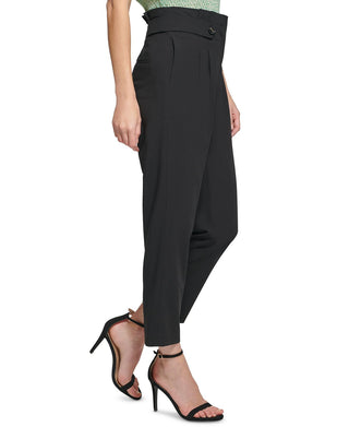 Calça DKNY feminina com dois botões e aba no tornozelo, preta, tamanho 12