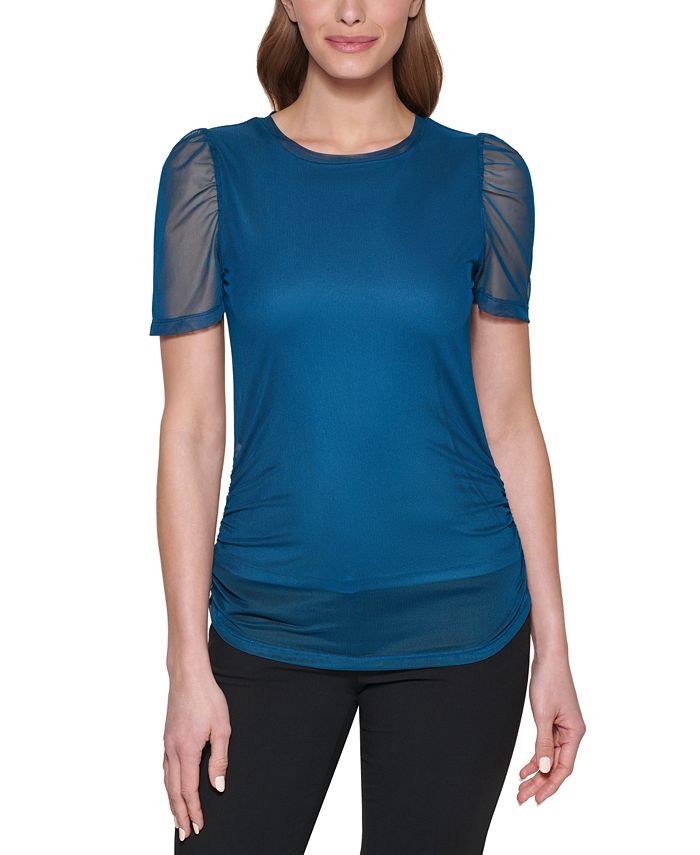 Blusa transparente com manga bufante DKNY feminina, azul, tamanho extragrande