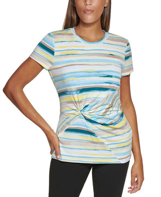 Top listrado com nó lateral feminino DKNY, verde, tamanho médio