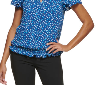 Blusa feminina DKNY com estampa de bolinhas e mangas esvoaçantes, azul, tamanho XX-G