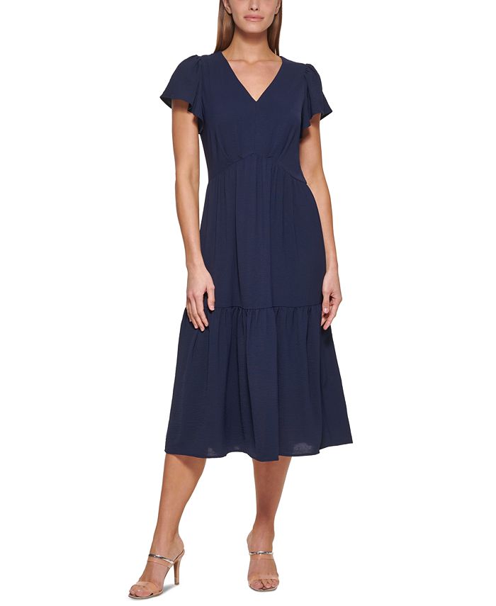 Vestido midi feminino DKNY em camadas, azul, tamanho 8