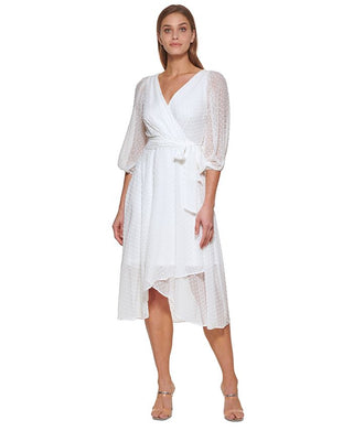 Vestido midi DKNY feminino com estampa de bolinhas e amarração falsa, branco, tamanho 6