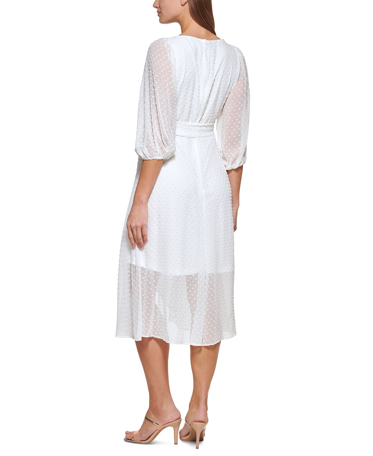 Vestido midi DKNY feminino com estampa de bolinhas e amarração falsa, branco, tamanho 6