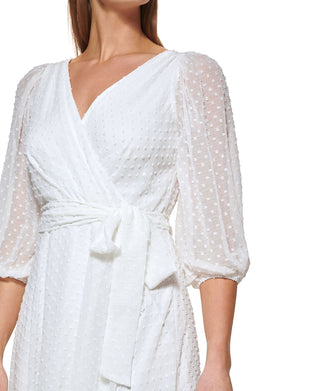 Vestido midi DKNY feminino com estampa de bolinhas e amarração falsa, branco, tamanho 6
