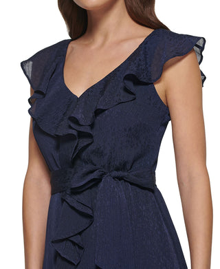 DKNY Women's Ruffled Midi Dress Blue Size 16
