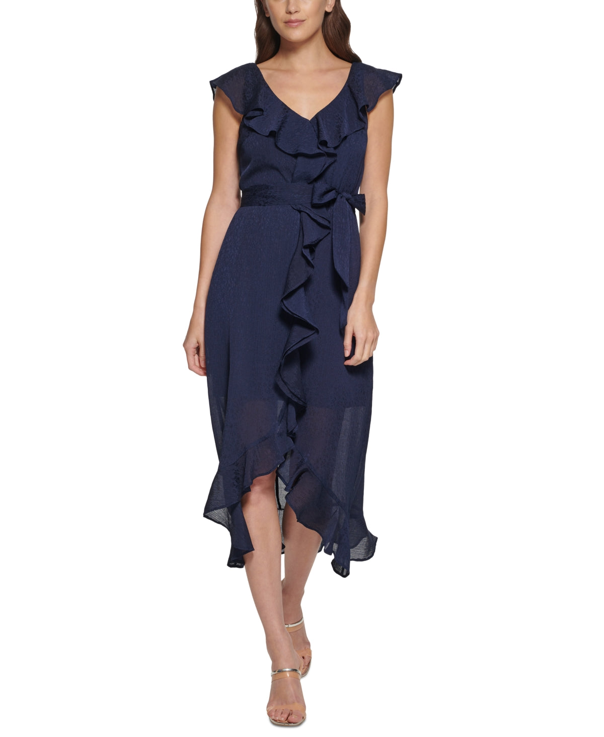 Vestido midi com babados DKNY feminino azul tamanho 16
