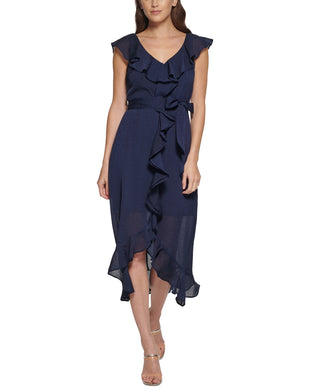 DKNY Women's Ruffled Midi Dress Blue Size 16