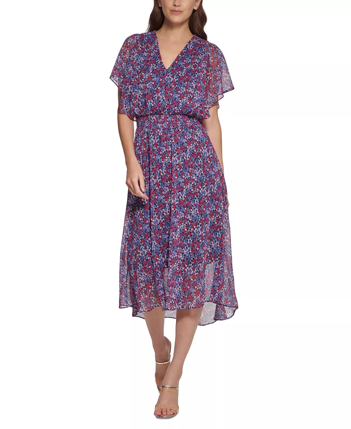 Vestido midi franzido com estampa floral DKNY feminino, roxo, tamanho 12
