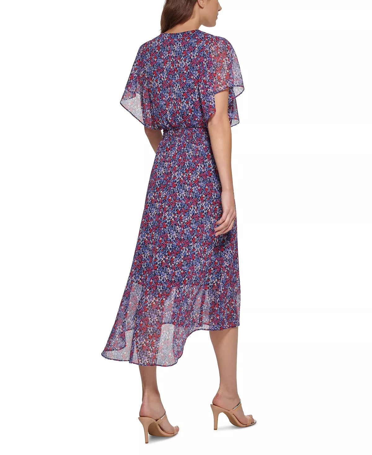 Vestido midi franzido com estampa floral DKNY feminino, roxo, tamanho 12