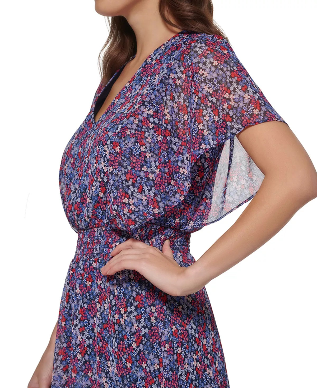 Vestido midi franzido com estampa floral DKNY feminino, roxo, tamanho 12