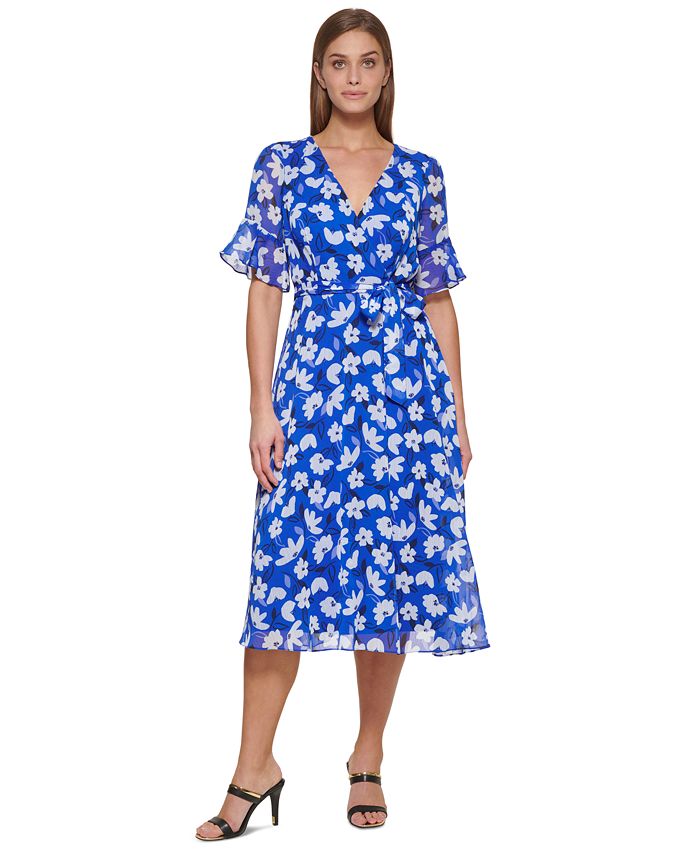 Vestido envelope falso com estampa floral e mangas franzidas DKNY feminino, roxo, tamanho 12