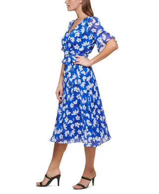 Vestido envelope falso com estampa floral e mangas franzidas DKNY feminino, roxo, tamanho 12