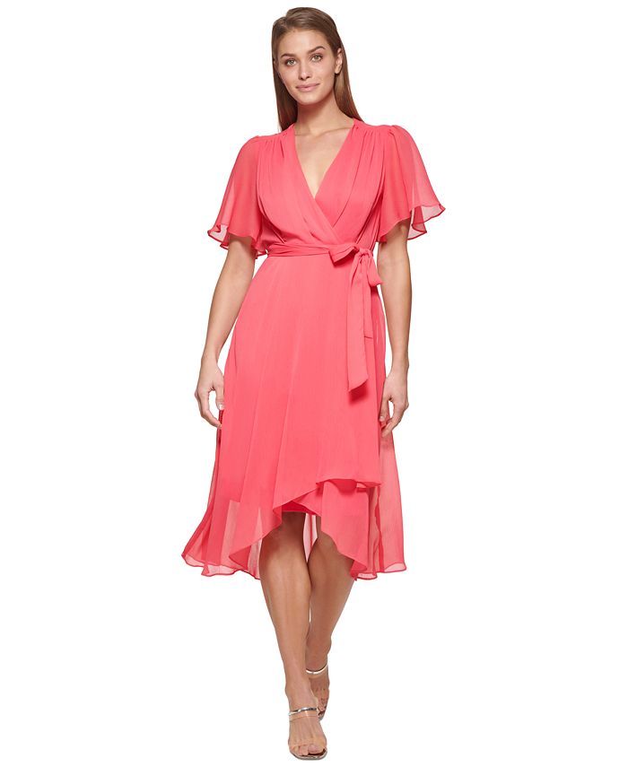 Vestido envelope falso com mangas esvoaçantes DKNY feminino, rosa, tamanho 2