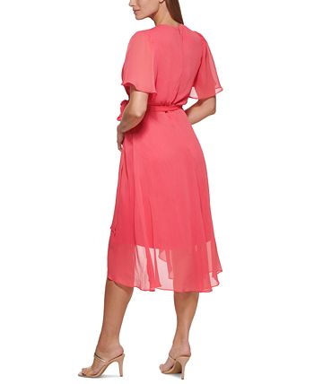 Vestido envelope falso com mangas esvoaçantes DKNY feminino, rosa, tamanho 2