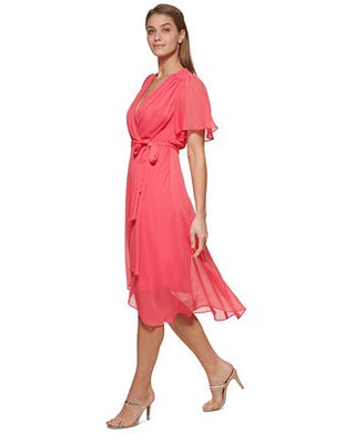 DKNY Women's Flutter Sleeve Faux Wrap Dress Pink Size 2