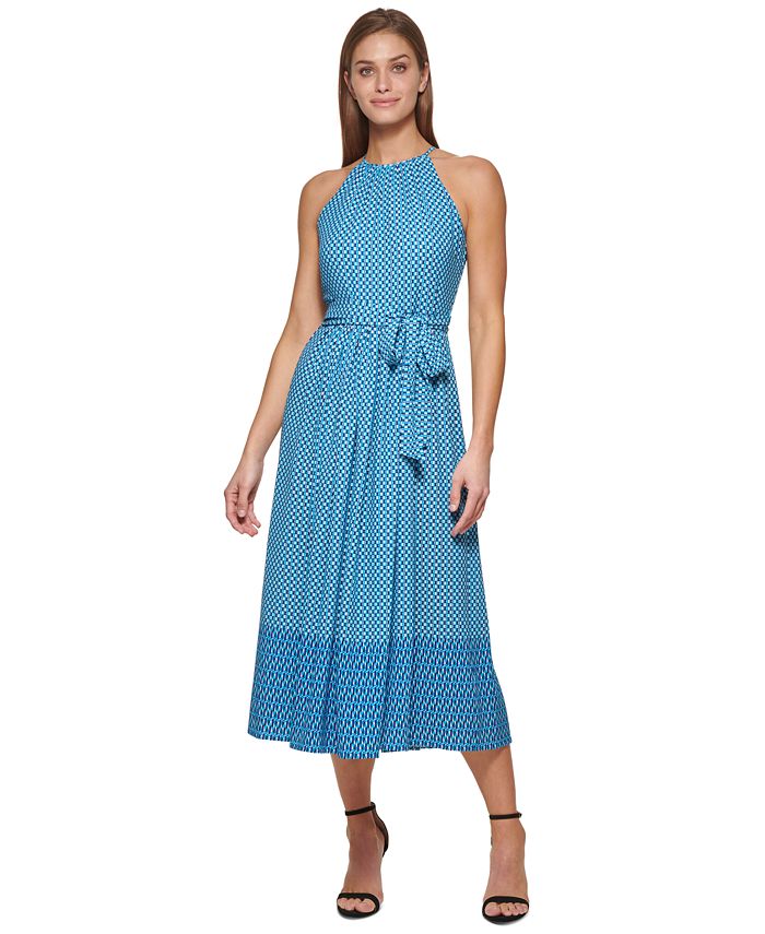 Vestido midi com estampa de decote halter feminino DKNY, azul, tamanho 12