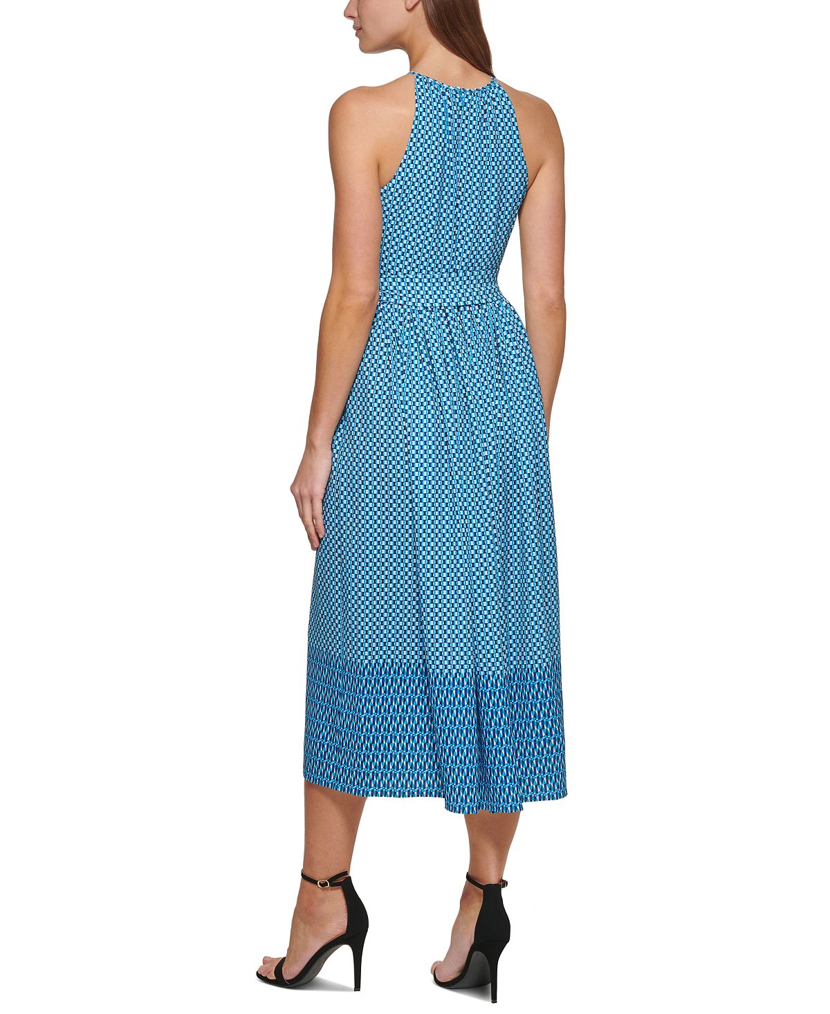 Vestido midi com estampa de decote halter feminino DKNY, azul, tamanho 12